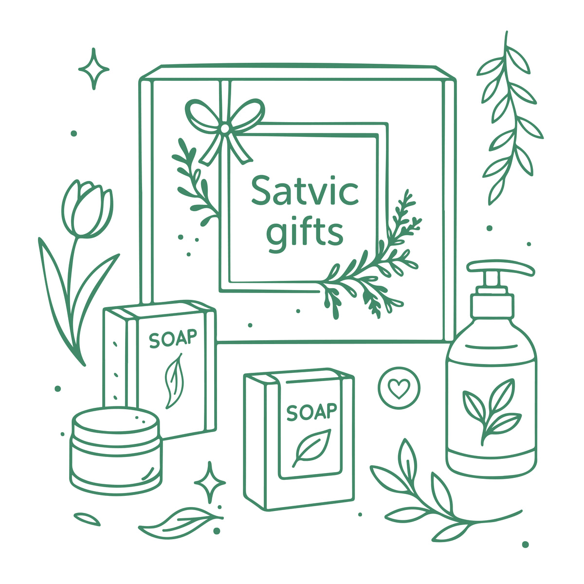 Illustration of Satvic gifts with a box, soap bars, and a bottle on a white background.