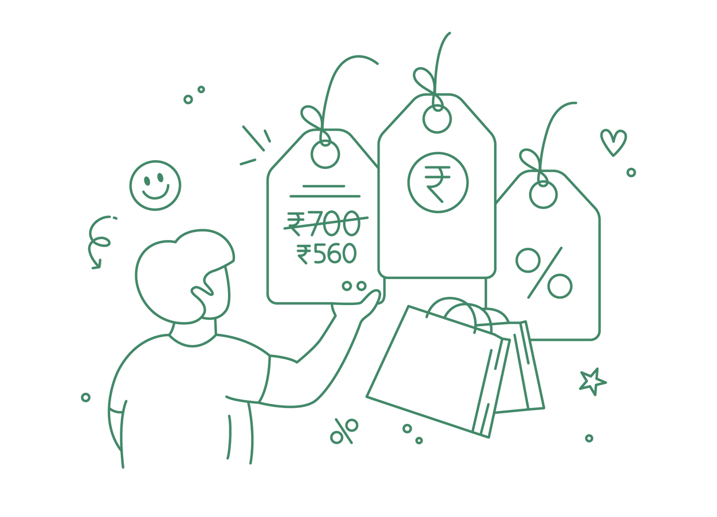 Outline of a person holding a shopping bag with price tags and currency symbols on a dark green background