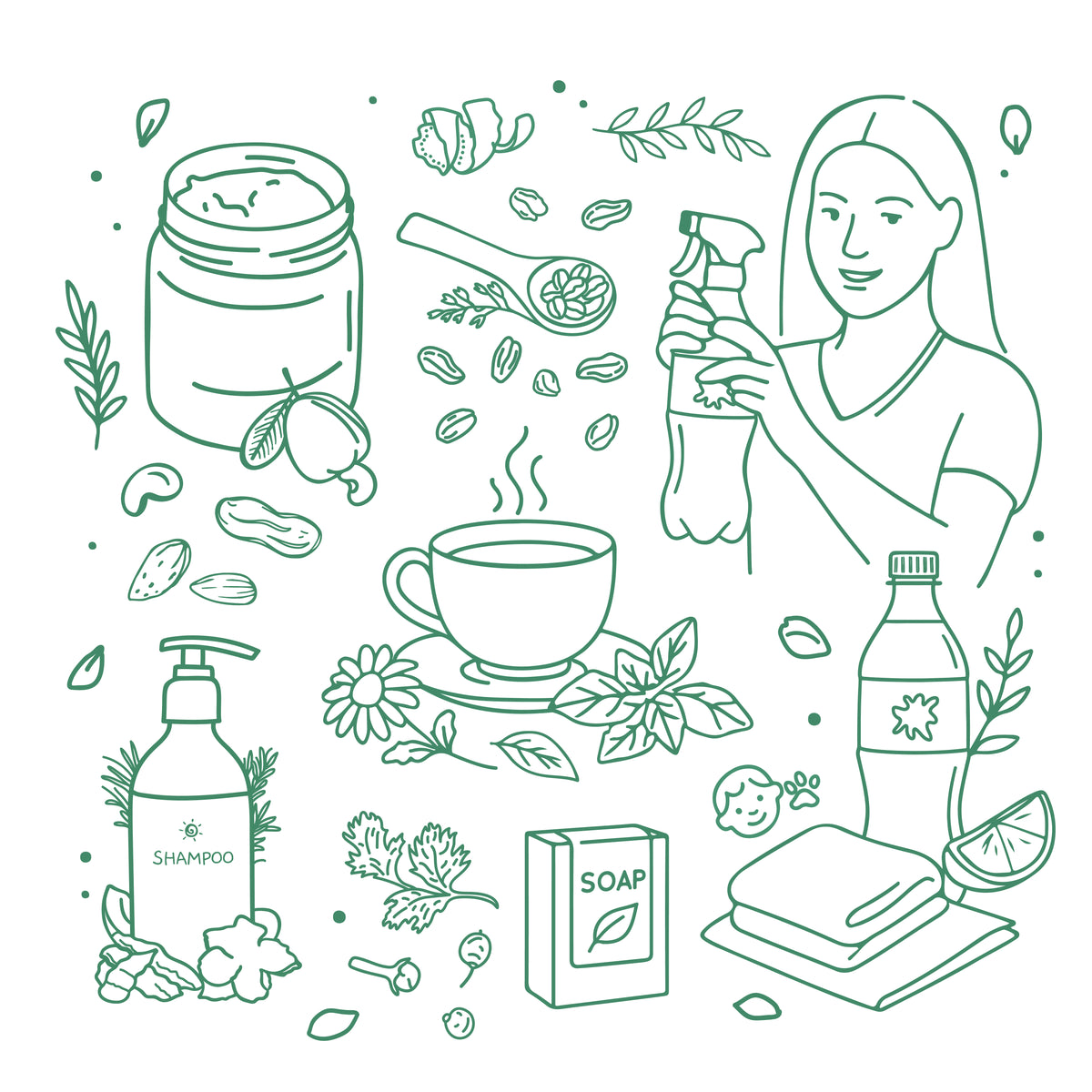 Illustration of a woman with skincare, wellness, organic grocery, eco friendly products on a white background