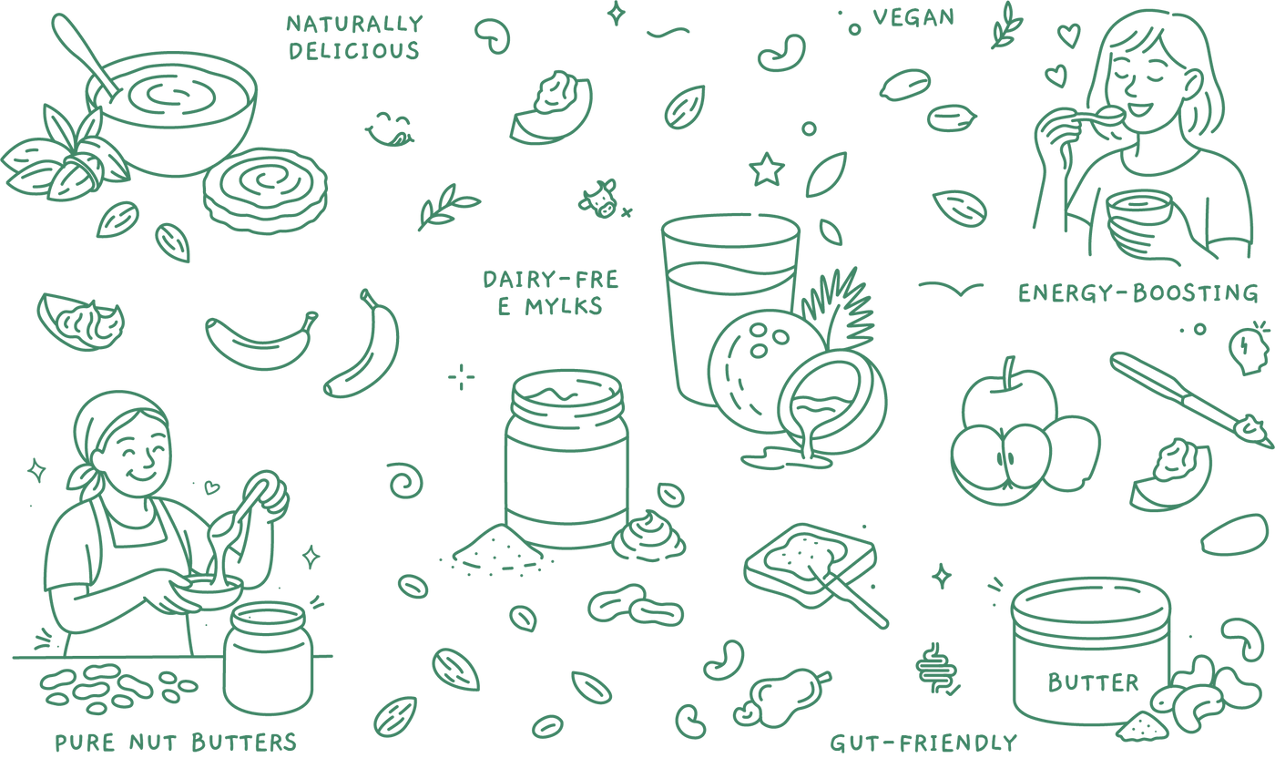 Hand-drawn line illustration highlighting healthy, plant-based food concepts such as vegan nutrition, dairy-free milks, pure nut butters, gut-friendly foods, energy-boosting snacks, and naturally delicious ingredients shown through bowls, fruits, jars, and joyful lifestyle moments