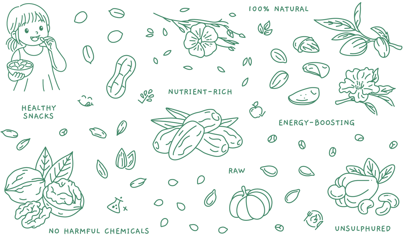 Clean line-art illustration representing healthy, natural snacking with raw, nutrient-rich ingredients, energy-boosting foods, 100% natural produce, no harmful chemicals, and unsulphured nuts and fruits shown through playful food and lifestyle icons