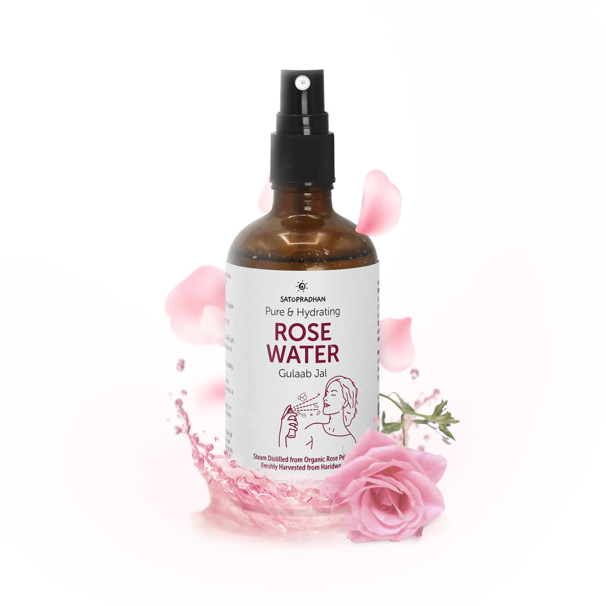 Pure rose water hydrosol, organic floral water for pore reduction, toning, hydration, and sensitive skin care, steam distilled face mist spray