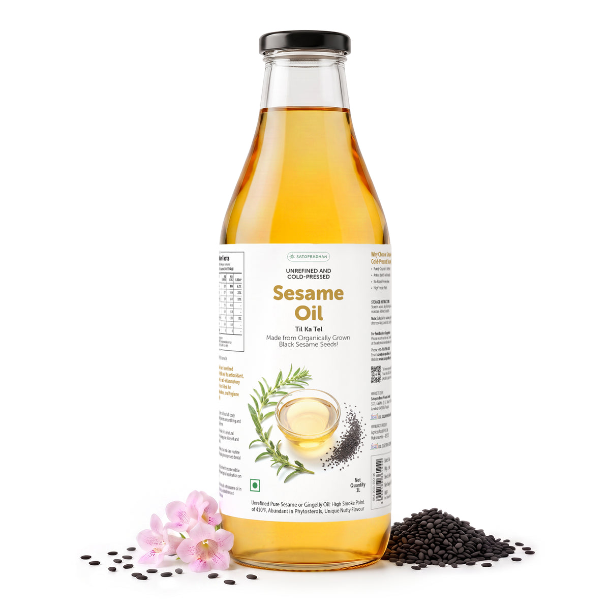 Sesame/Gingelly Oil 1000ml in reusable glass bottle - Pure & Wooden Cold-pressed without Chemicals - Extracted from Black Sesame Seeds | Meetha Tel