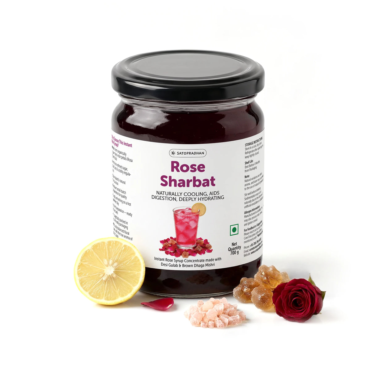 Organic Rose Sharbat 700g – Concentrated Rose Syrup Made with Desi Gulab, Sweetened with Brown Dhaga Mishri