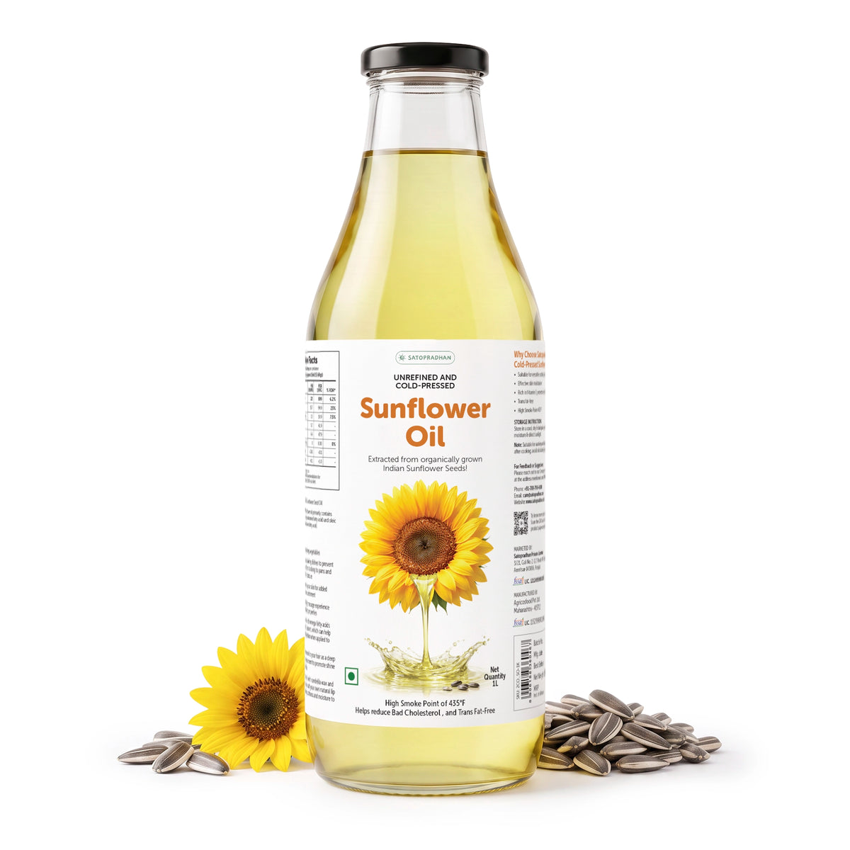 Organic Sunflower Oil 1000ml - Pure, Unrefined, Single-Filtered, Virgin & Wooden Cold-Pressed (Kacchi Ghani) Without Preservatives | Reusable Glass Bottle