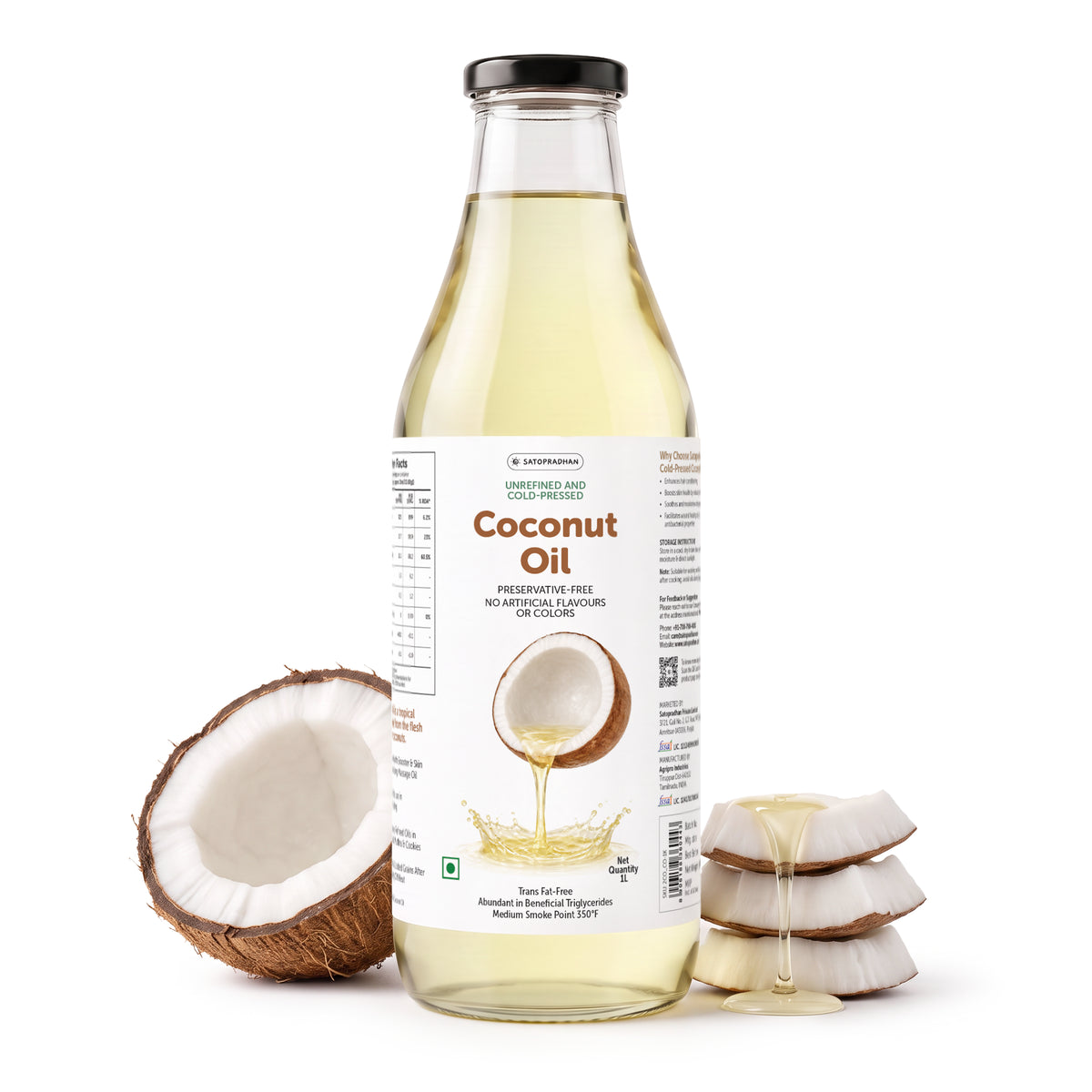 Coconut Oil - Wooden Cold-pressed- Choose from 1000ml or 500ml Multipurpose Oil Without Chemicals in a Reusable Glass Bottle (Kachi Ghani)
