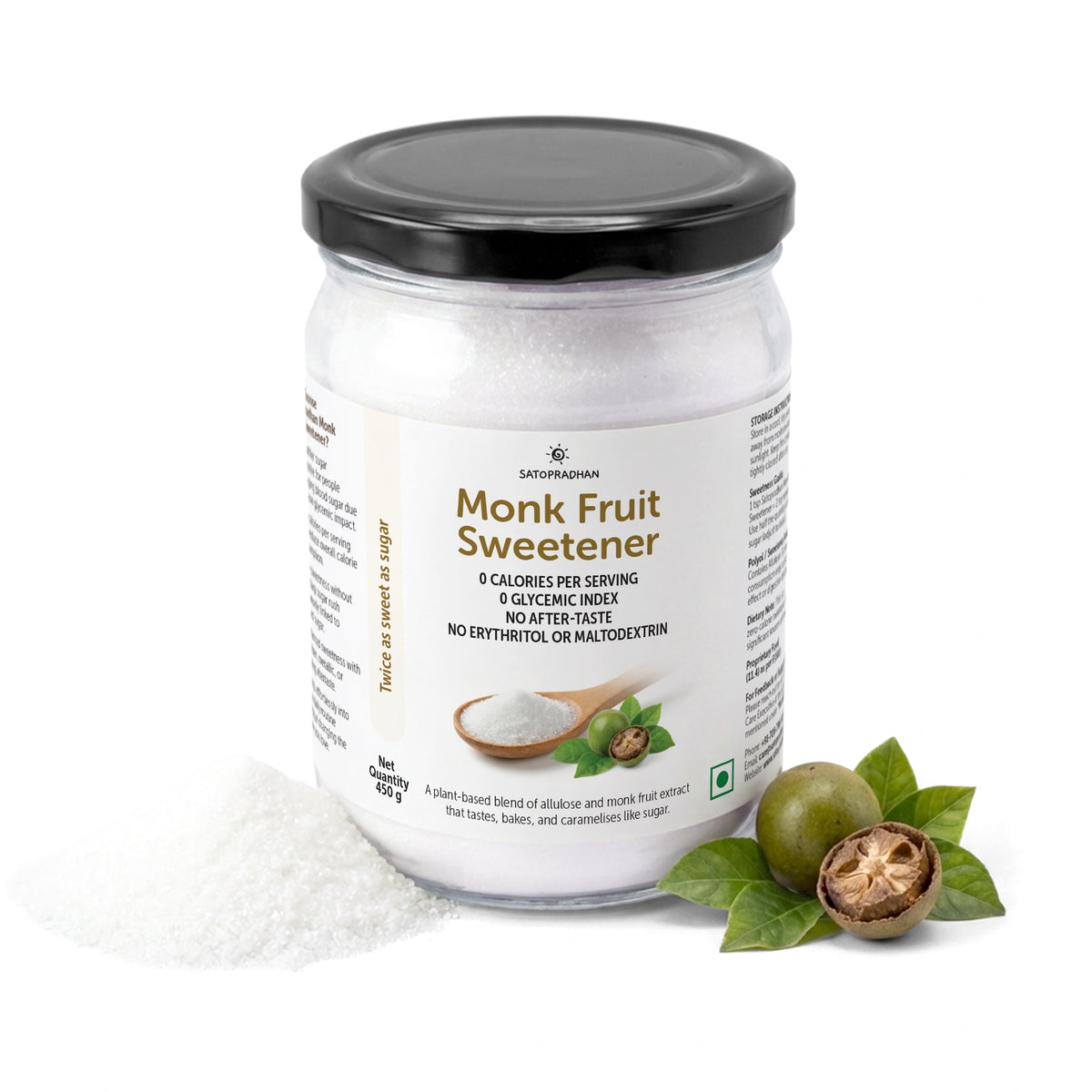 Monk Fruit Sweetener Powder with Allulose 450g - Plant-Based Sugar Substitute - Keto & Diabetic-Friendly - 1:2 Sugar Replacer