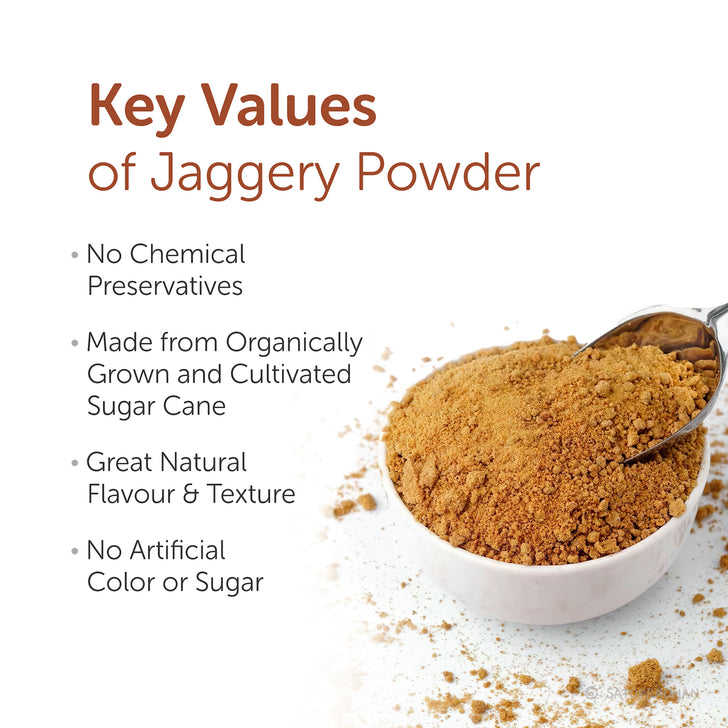 Jaggery Powder- 100% Organic, Natural & Chemical-Free Desi Shakkar 800g/4.5kg - A Pure & Healthier Sugar Alternative - Dark Brown with Pleasant Flavour, Key Values, Benefits, Main Points, Features