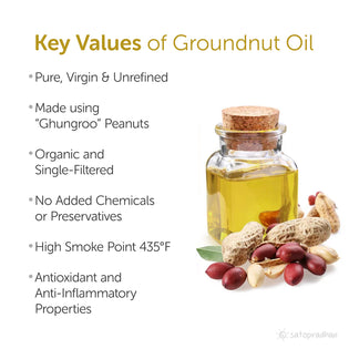 Organic Groundnut/Peanut Oil - Mungfali Ka Tel 1000 ml - Pure, Unrefined, Single-Filtered, Virgin & Wooden Cold-pressed | No Preservatives| Packed in a Reusable Glass Bottle | Kacchi Ghani Key Values