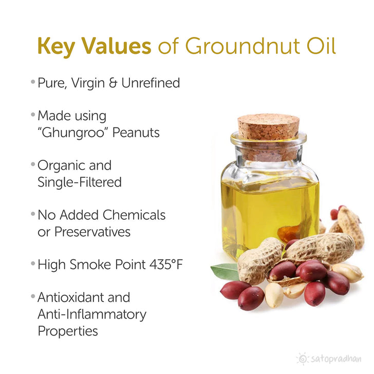 Organic Groundnut/Peanut Oil - Mungfali Ka Tel 1000 ml - Pure, Unrefined, Single-Filtered, Virgin & Wooden Cold-pressed | No Preservatives| Packed in a Reusable Glass Bottle | Kacchi Ghani Key Values