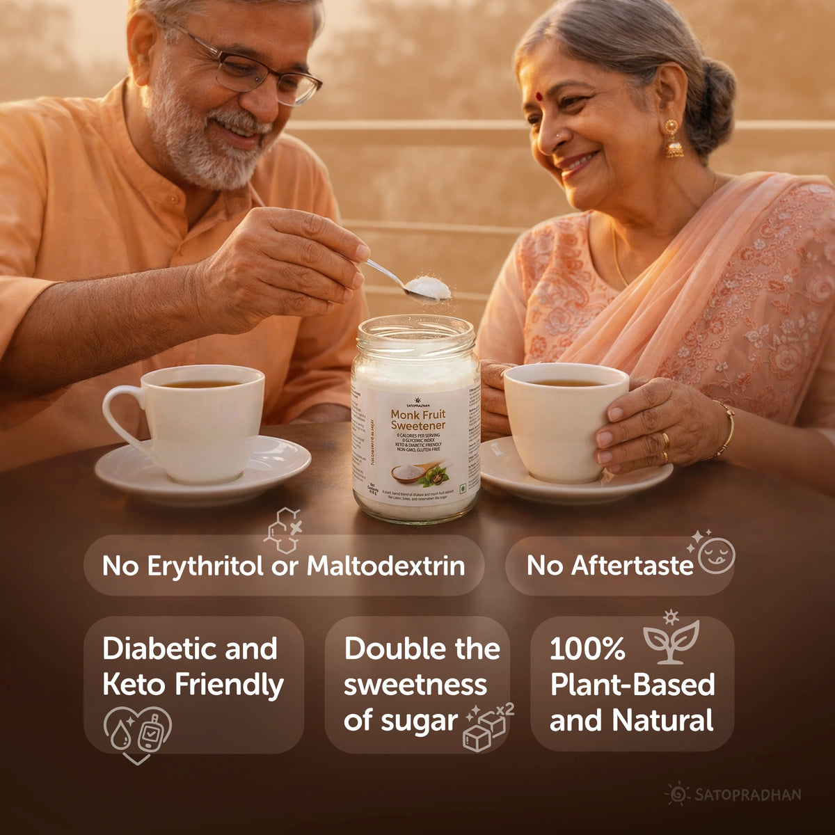 Monk Fruit Sweetener Powder with Allulose 450g - Plant-Based Sugar Substitute - Keto & Diabetic-Friendly - 1:2 Sugar Replacer, Main Features, Best for Diabetes, elderly couple drinking tea