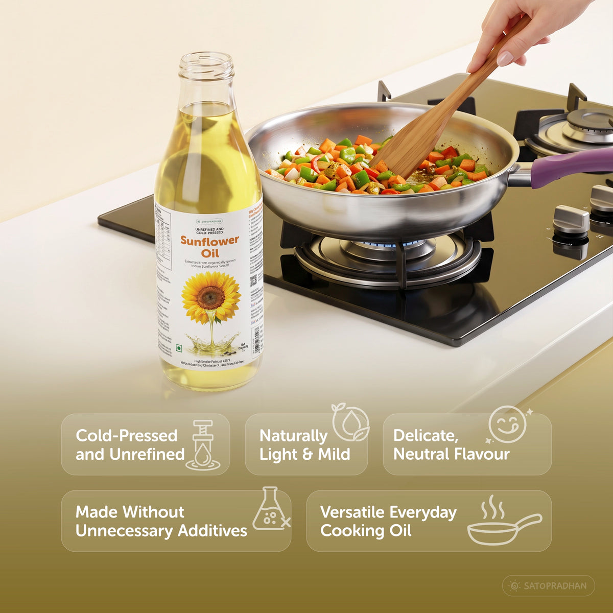 Organic Sunflower Oil 1000ml - Pure, Unrefined, Single-Filtered, Virgin & Wooden Cold-Pressed (Kacchi Ghani) Without Preservatives | Reusable Glass Bottle