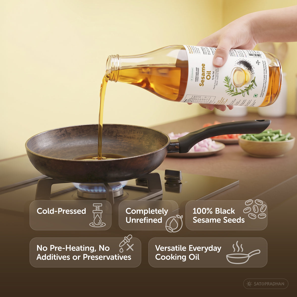 Sesame/Gingelly Oil 1000ml in reusable glass bottle - Pure & Wooden Cold-pressed without Chemicals - Extracted from Black Sesame Seeds | Meetha Tel