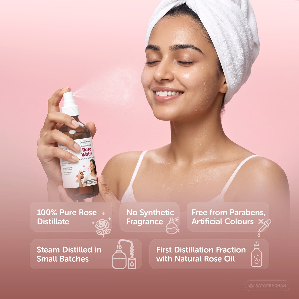 Pure Steam Distilled Rose Water 200 ml - Gulab Jal - Organic Rose Hydrosol - Face Toner & Facial Mist