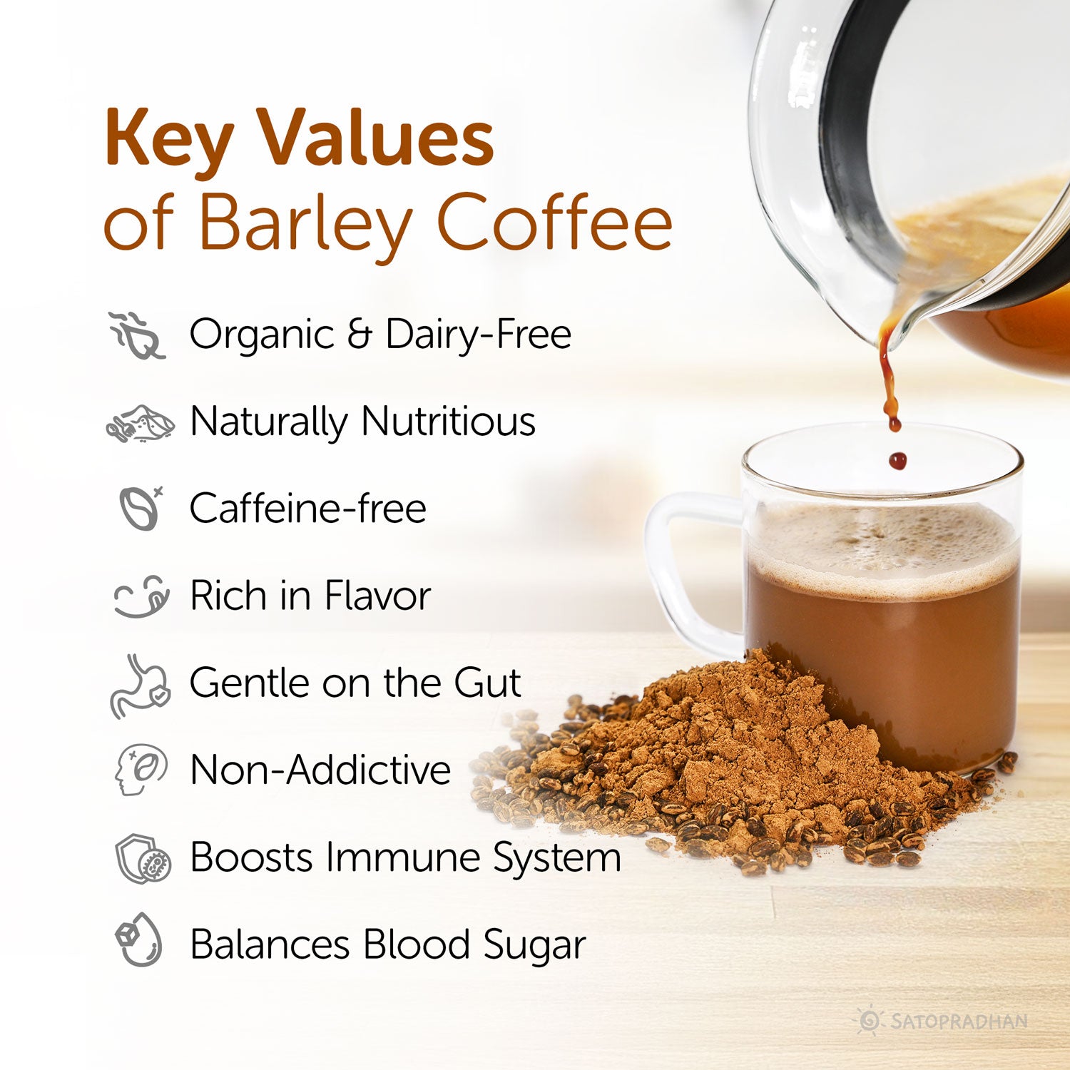 highlights: organic dairy-free, naturally nutritious, caffeine-free, rich in flavor, gentle on the gut, non addictive, boosts immune system, balances blood sugar