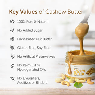 Key values: 100% pure and natural, no added sugar, plant-based nut butter, gluten-free, no artificial preservatives, no palm oil, no emulsifiers additives