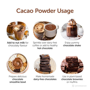 Usage of cacao powder: Add to nut milk bags, hot chocolate, chocolate shakes, chocolate smoothie bowls, dairy-free chocolates, and chocolate brownies