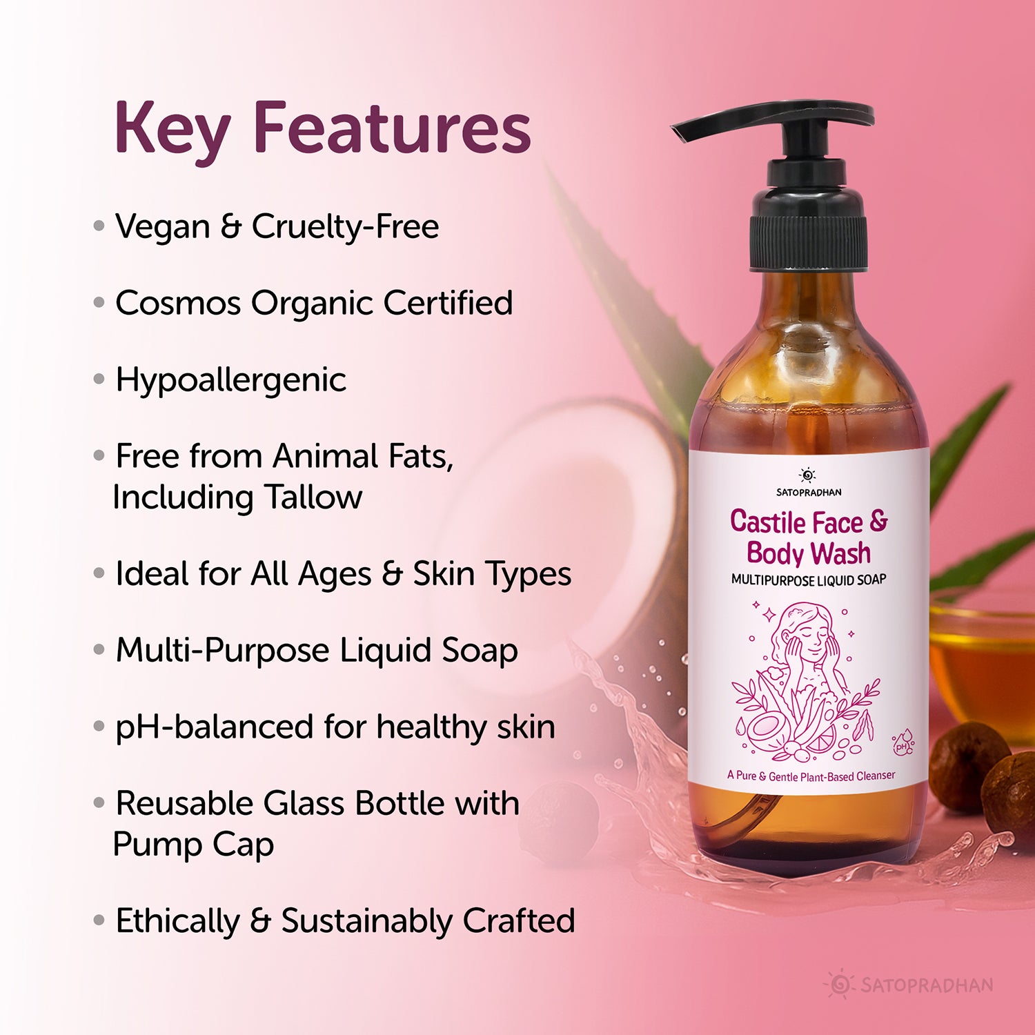Castile Face & Body Wash – 200ml Natural, Organic, Pure & Vegan Liquid Soap – Gentle & Multi-Purpose Cleanser– Ideal for Sensitive, Dry & Acne-Prone Skin – Eco-Friendly, Hypoallergenic & Non-Comedogenic, Key Values, main Features, benefits, points