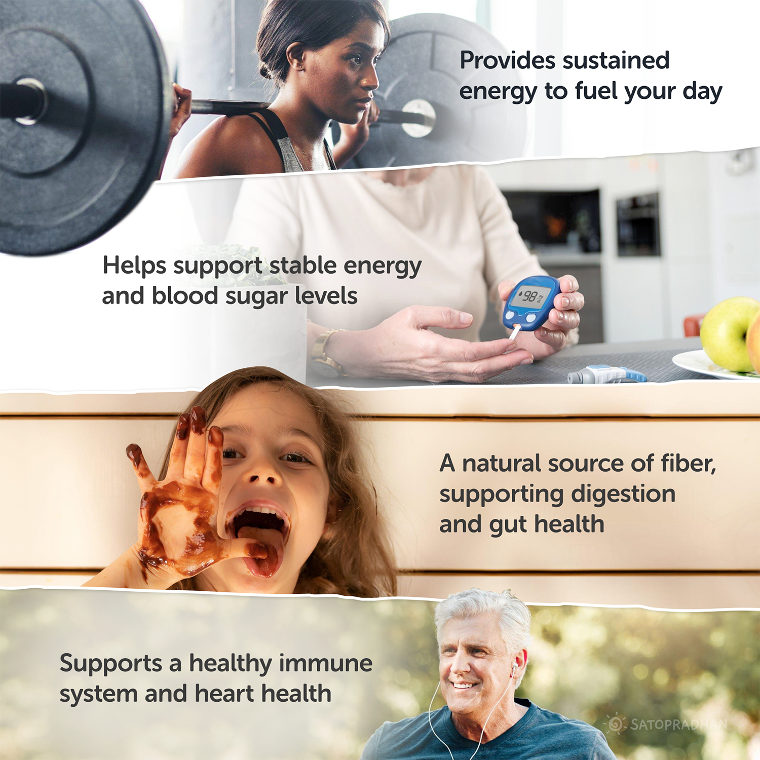 provides sustained energy, helps support stable enegry and blood sugar levels, a natural source of fiber, support digestion and gut health, support a healthy immune system and heart health