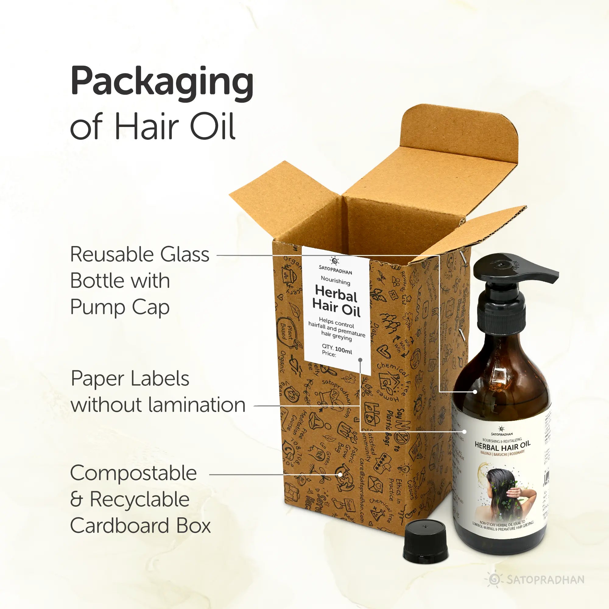Packaging of Herbal Hair Oil 200ml - Bakuchi, Kalonji & Organic Rosemary Oil For Hair Growth & Thickness - Hairfall Control Oil - Non-Sticky Oil For Premature Grey Hair - Plant-Based & Eco-friendly Hair Oil for Dry, Wavy & Curly Hair