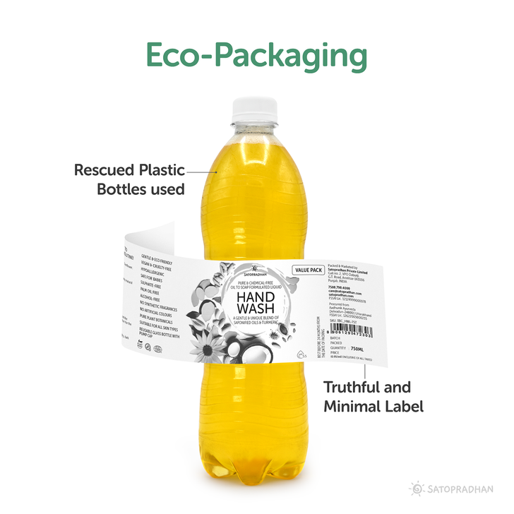 750ml refill pack of natural handwash in a rescued plastic bottle, promoting sustainability and reducing environmental waste