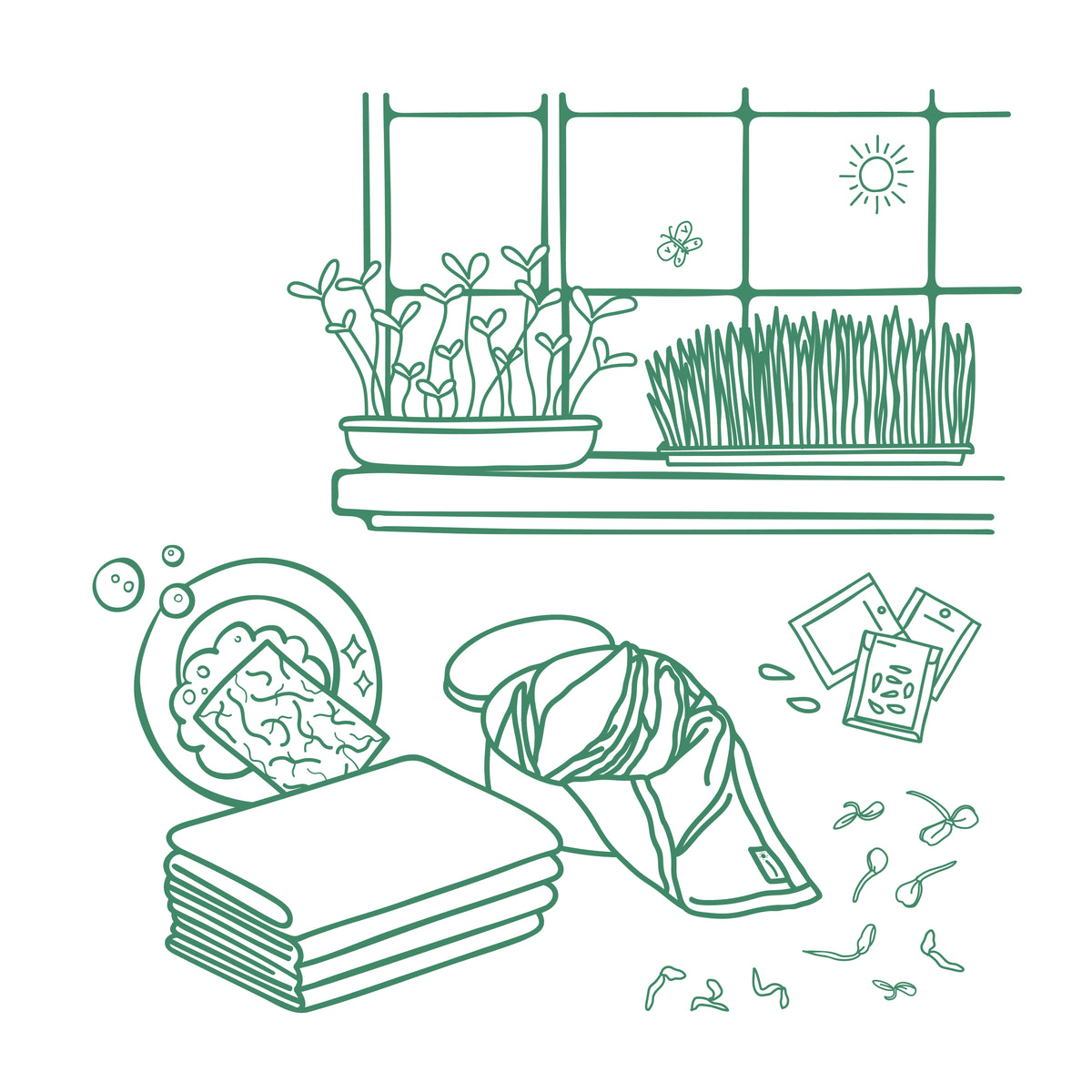 Illustration of a kitchen scene with plants, sprouting seeds, kitchen tools.