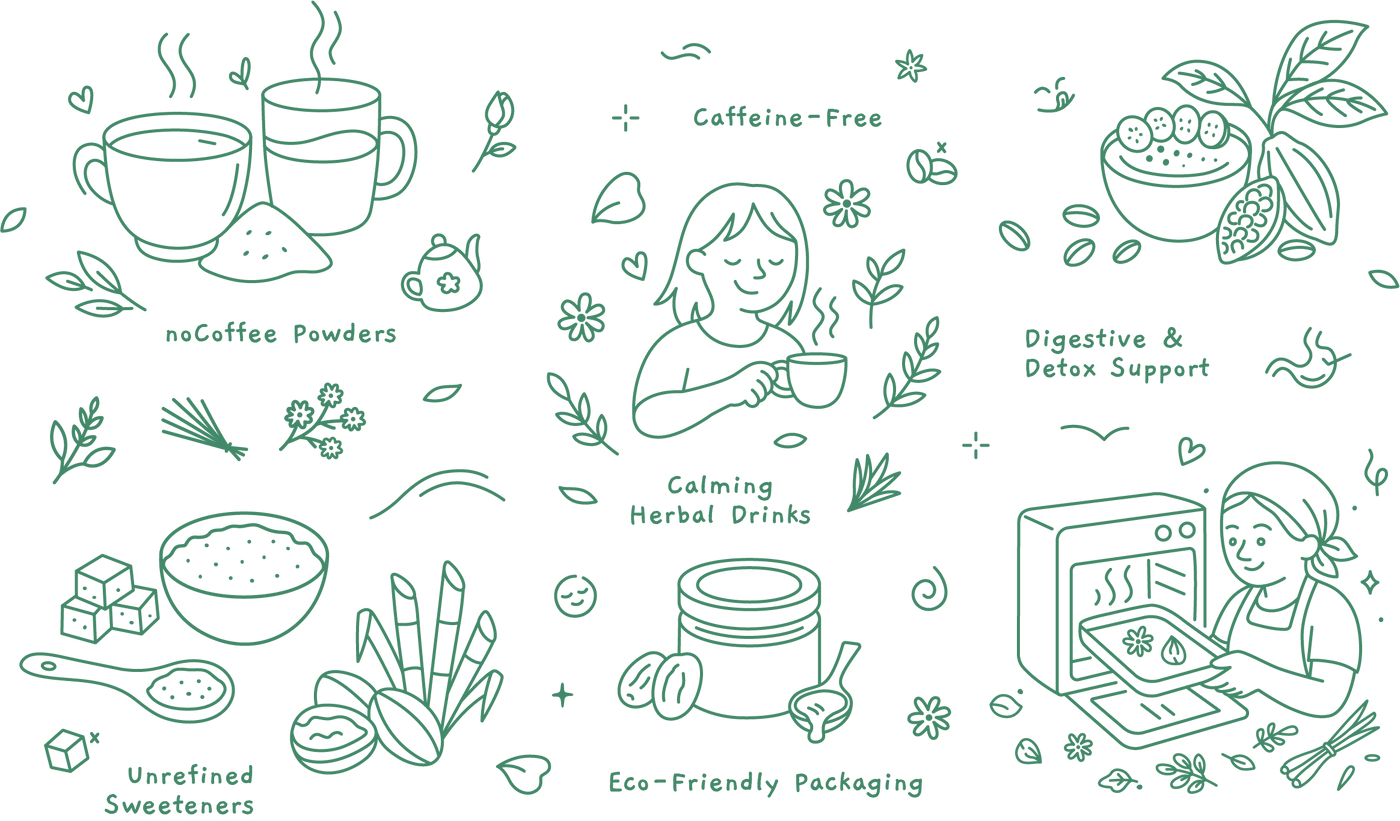 Illustrations of a person drinking tea, tea-making process, and tea-related products with text on a white background.