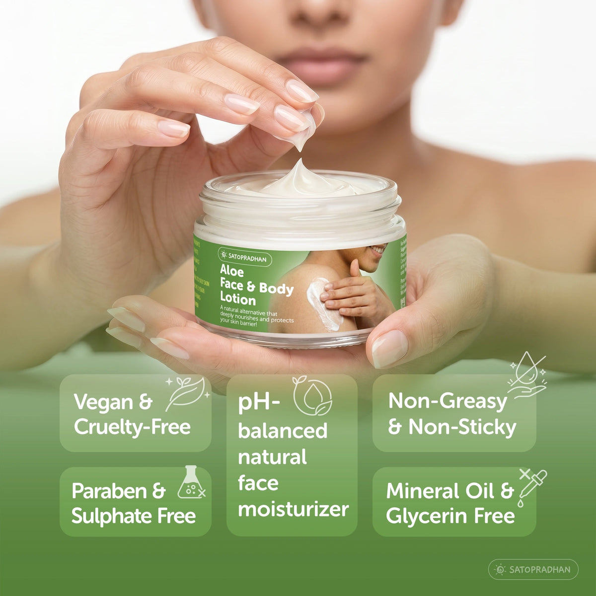 Aloe Face & Body Lotion 200ml - Lightweight & Non Sticky Moisturiser - Face & Body Cream - Natural, Pure & Vegan - Non- Toxic Face Lotion - Plant-Based Moisturizer - Satopradhan