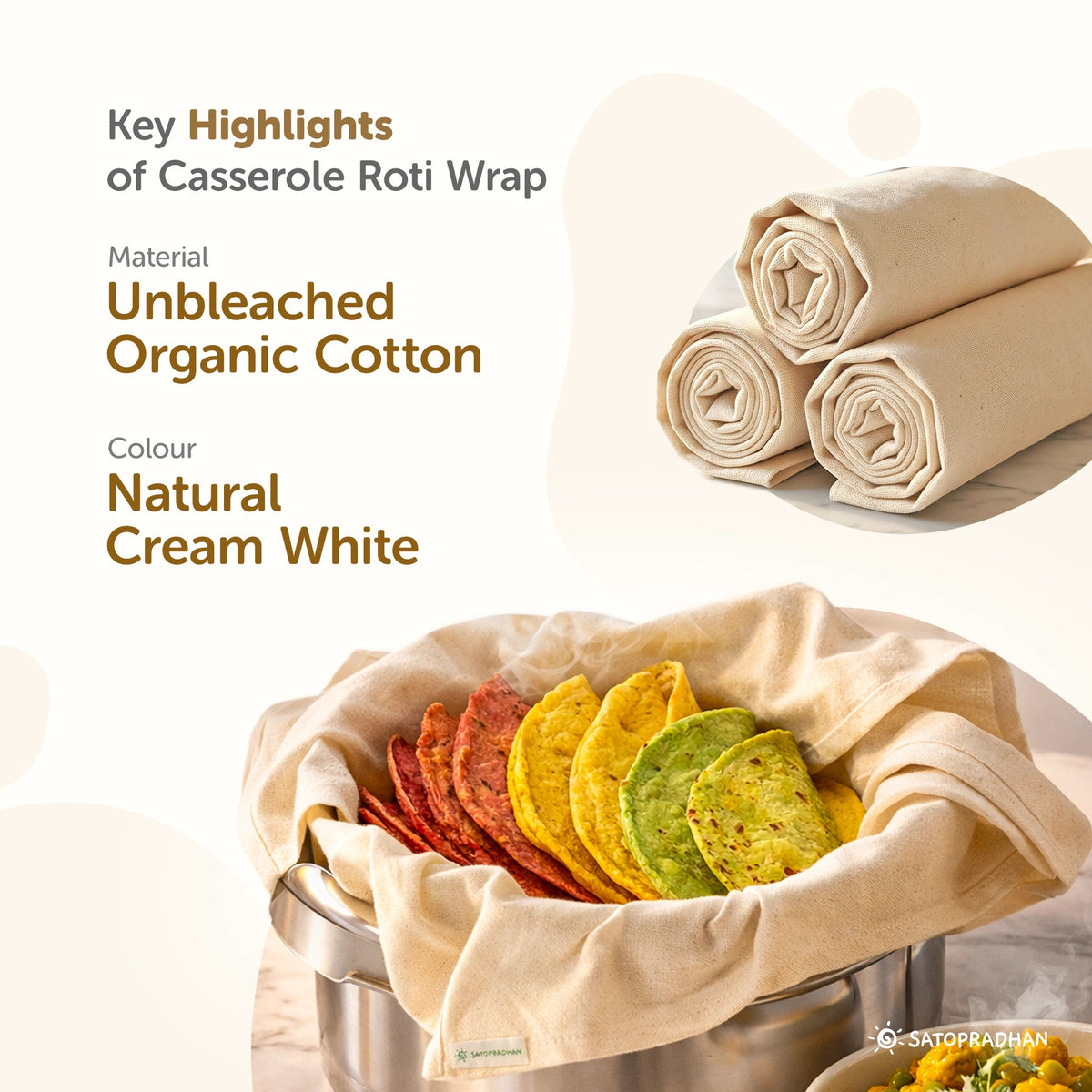 Casserole Roti Wrap Cloth - Set of 4 - Unbleached, Undyed & Breathable - Roti Cloth for Casserole - Satopradhan