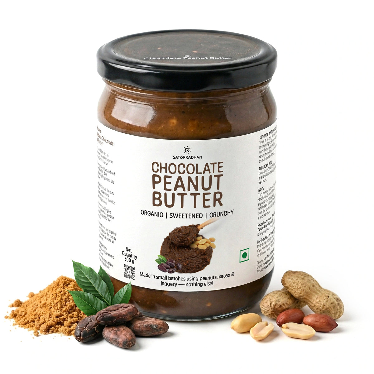 Dark Chocolate Peanut Butter 500g - Crunchy & Sweetened with Jaggery - Healthy Chocolate Spread - Satopradhan