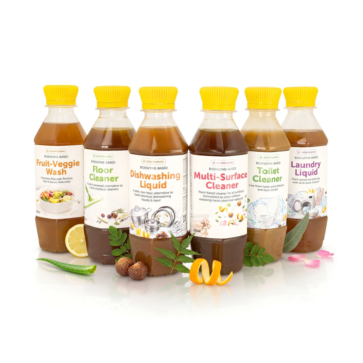 Eco Home Cleaners Trial Pack - 6 Bio Enzyme Based Natural Cleaners Free of Harmful Chemicals in Upcycled Plastic Bottles of 250ml - Satopradhan