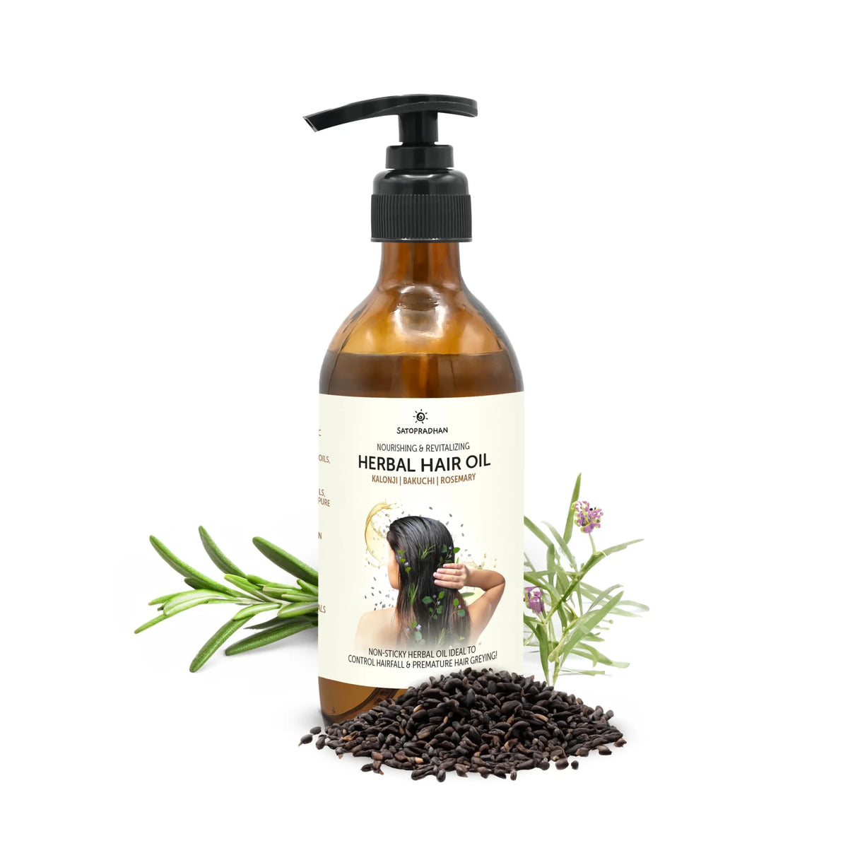 Herbal Hair Oil 200ml - Bakuchi, Kalonji & Rosemary Oil For Hair Growth & Thickness - Supports Hairfall Control & Scalp Health - Non-Sticky Oil - Plant-Based & Eco-friendly Hair Oil for Dry, Wavy & Curly Hair - Satopradhan