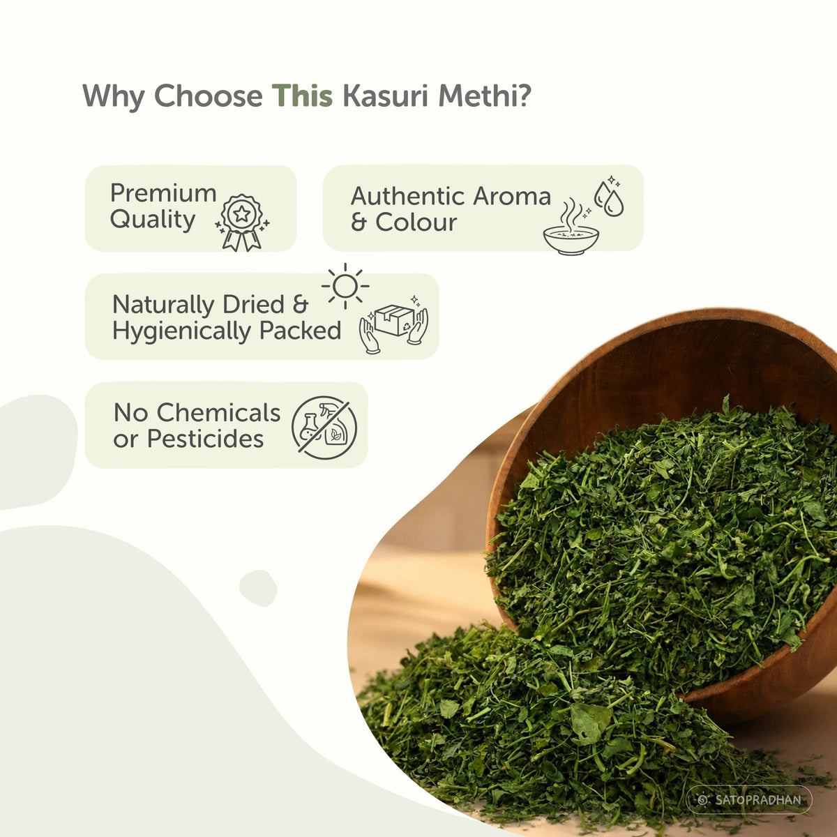 Kasuri Methi Leaves 150g - Dried Fenugreek Leaves - Purely Natural, Organic & Crushed - No Added Chemical Preservatives - Methi Dry Leaves - Satopradhan