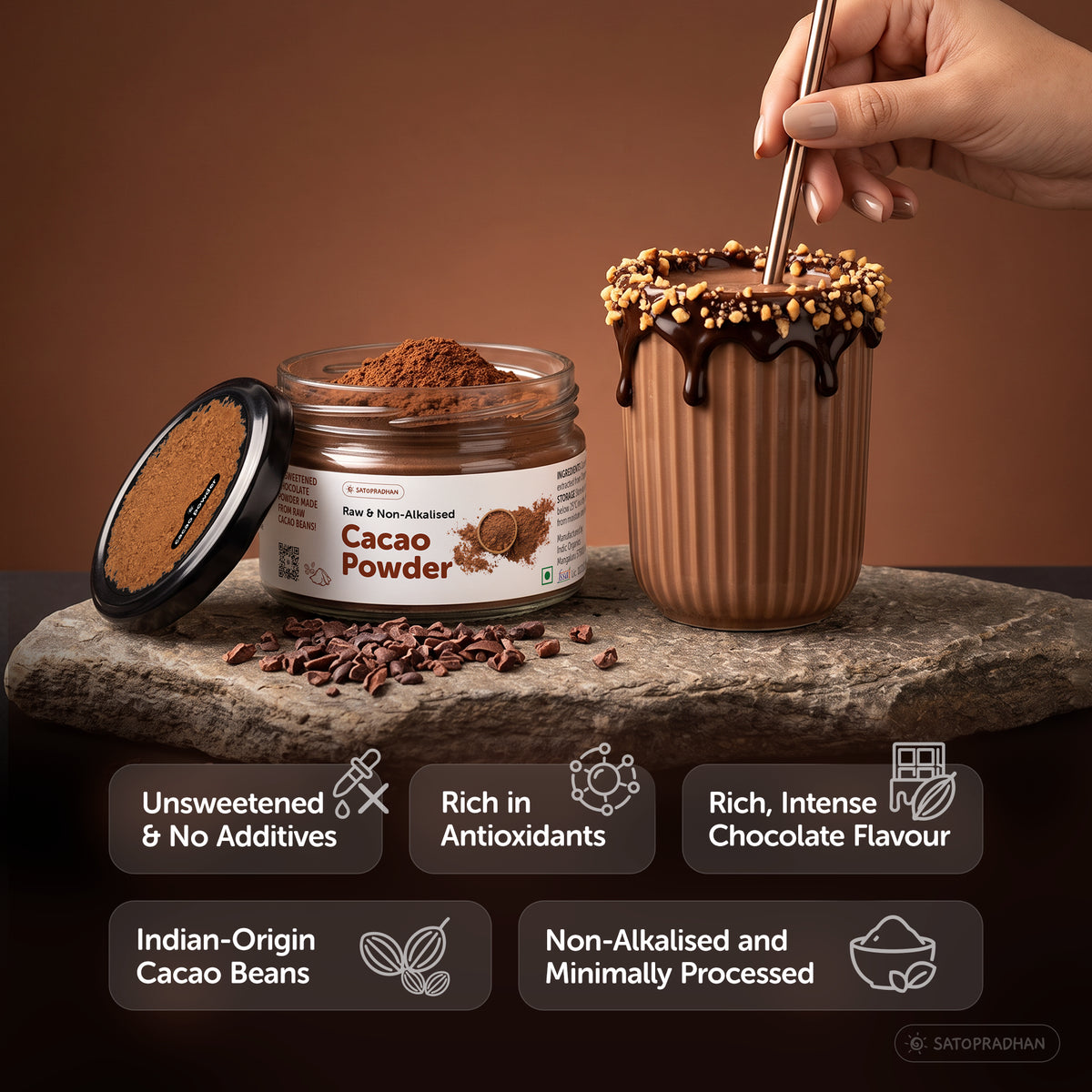 Satopradhan non-alkalised cacao powder is rich in antioxidants. It is unsweetened and is completely free from additives. It has a rich, intense chocolate flavour. Carefully curated from Indian-origin cacao beans.