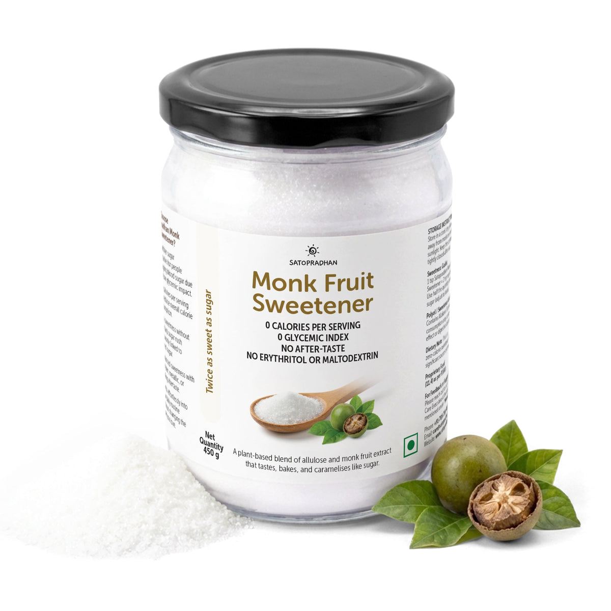 Monk Fruit Sweetener Powder with Allulose 450g - Plant-Based Sugar Substitute - Keto & Diabetic-Friendly - 1:2 Sugar Replacer - Satopradhan