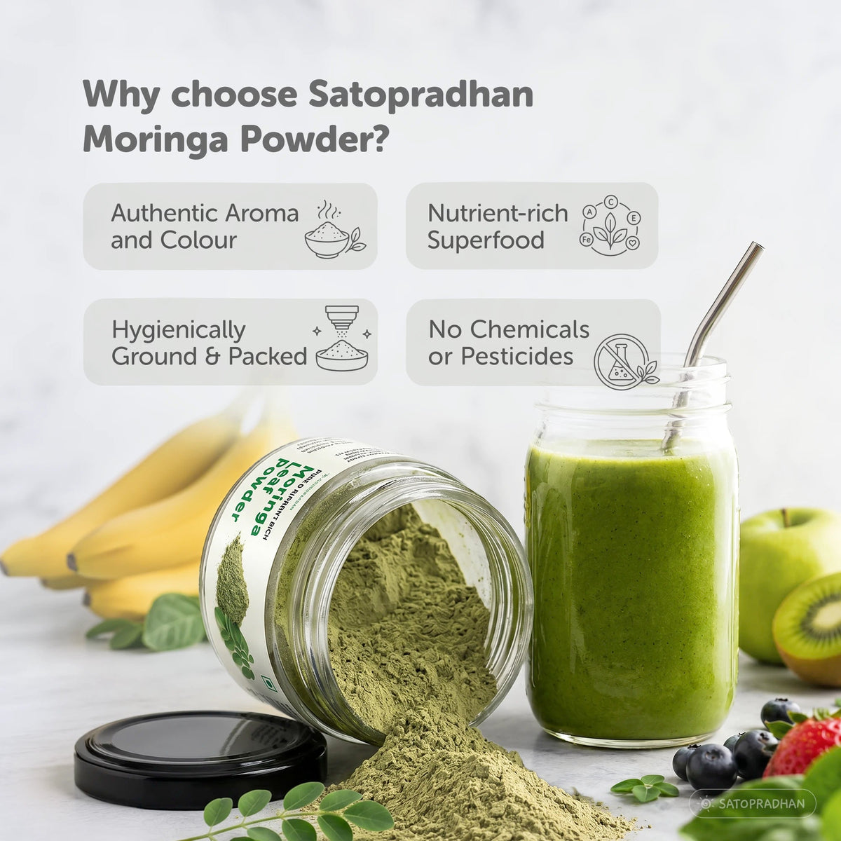 Moringa Leaf Powder 100g - Organically Grown & Naturally Shade-dried Moringa Leaves - No Additives - Sehjana - Drumstick Leaf Powder - Moringa Powder for Diabetes, Weight Loss, Skin & Hair Health - Satopradhan