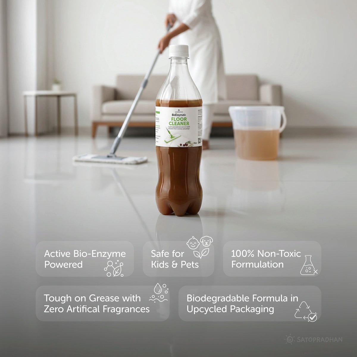 Natural Floor Cleaner Liquid 750ml/1.9L - Bio-Enzyme Based, Non-Toxic & Eco-Friendly - Safe for Kids & Pets - Floor Cleaner Concentrate - Satopradhan