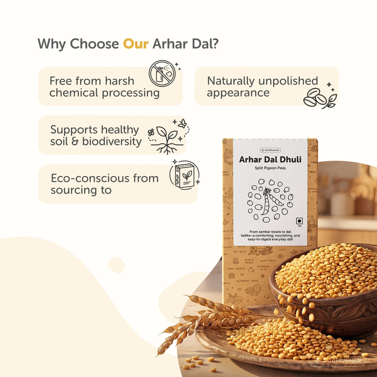 Organic Arhar Dal 800g - Unpolished Toor Dal - Split Pigeon Peas - Satopradhan