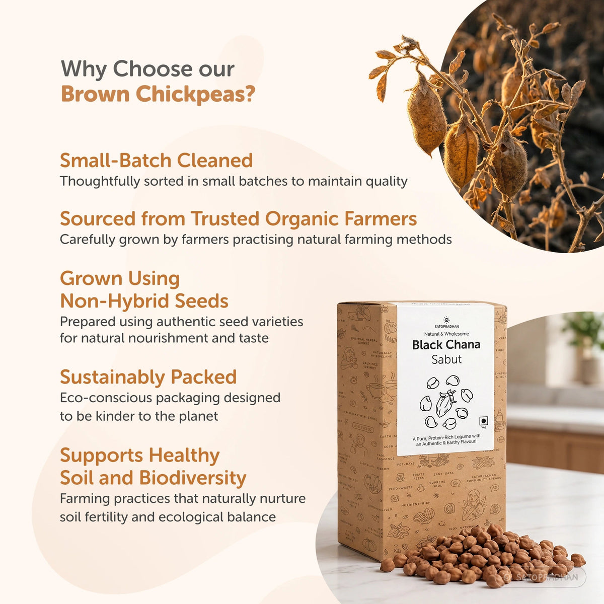 Organic Black Chana 800g - Kala Chana - Unpolished Desi Black Chickpeas - Bengal Gram - High-Protein Brown Chickpeas - Satopradhan
