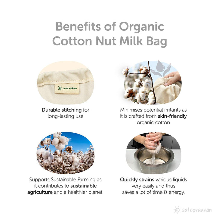 Durable stitching, skin-friendly Organic Cotton Nut Milk Bag, made with sustainable agriculture, and quick straining for efficient use