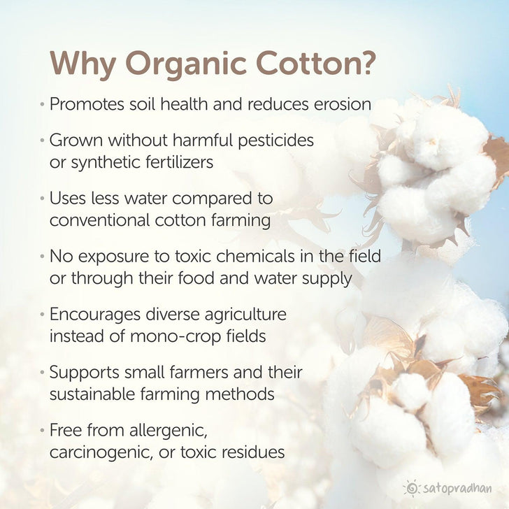 Why choose organic cotton: less water usage, promotes soil health, free from toxins, supports small farmers, and allergen-free