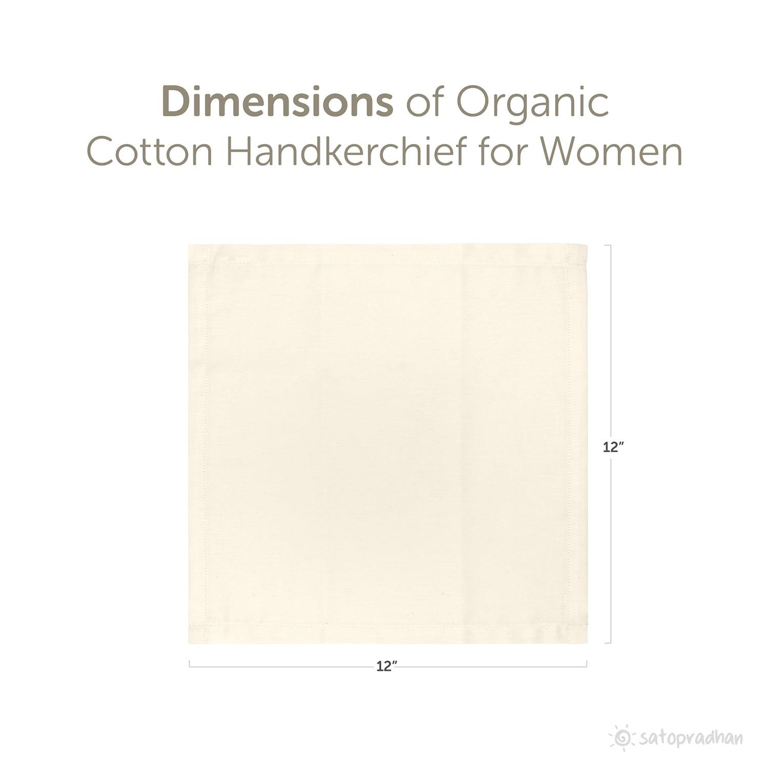 Dimension illustration of an organic cotton handkerchief for women, 12x12 inches, cream-white fabric