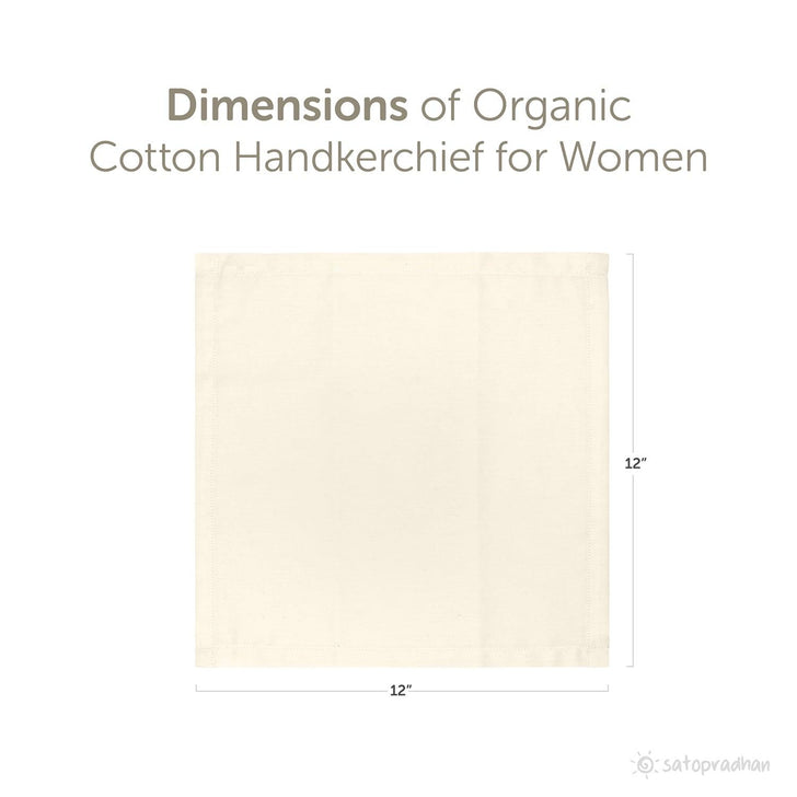 Dimension illustration of an organic cotton handkerchief for women, 12x12 inches, cream-white fabric