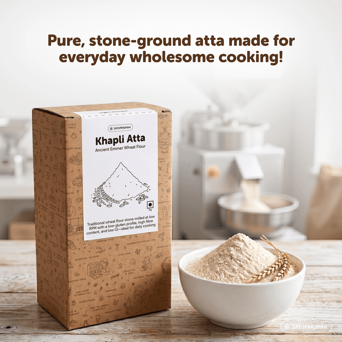 Organic Khapli Atta 800g/4kg - Emmer Wheat Flour - Diabetic-Friendly Atta - Satopradhan