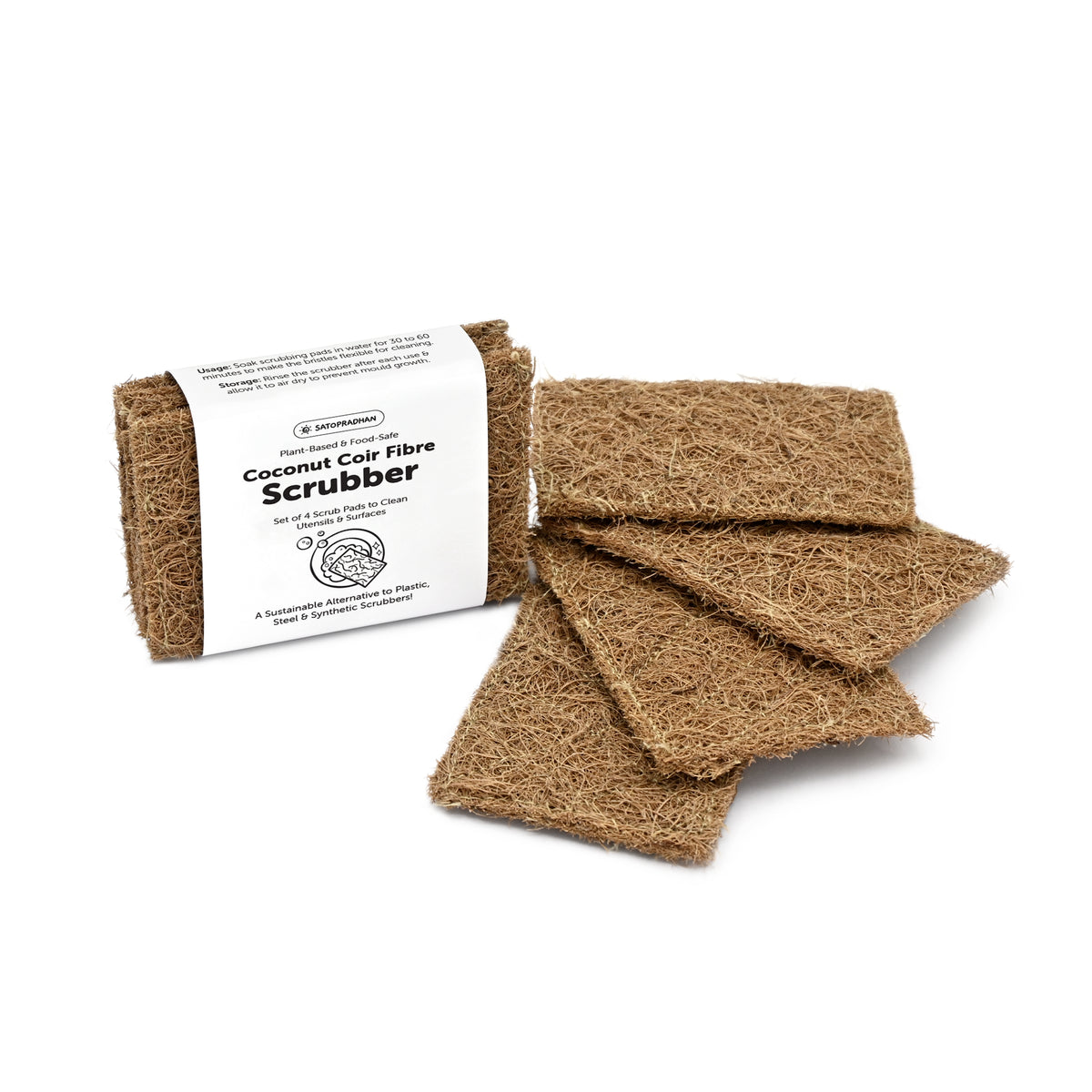 Satopradhan coconut coir fibre scrubber pads, a set of four natural plant-based scrubbers for cleaning kitchen utensils and surfaces.