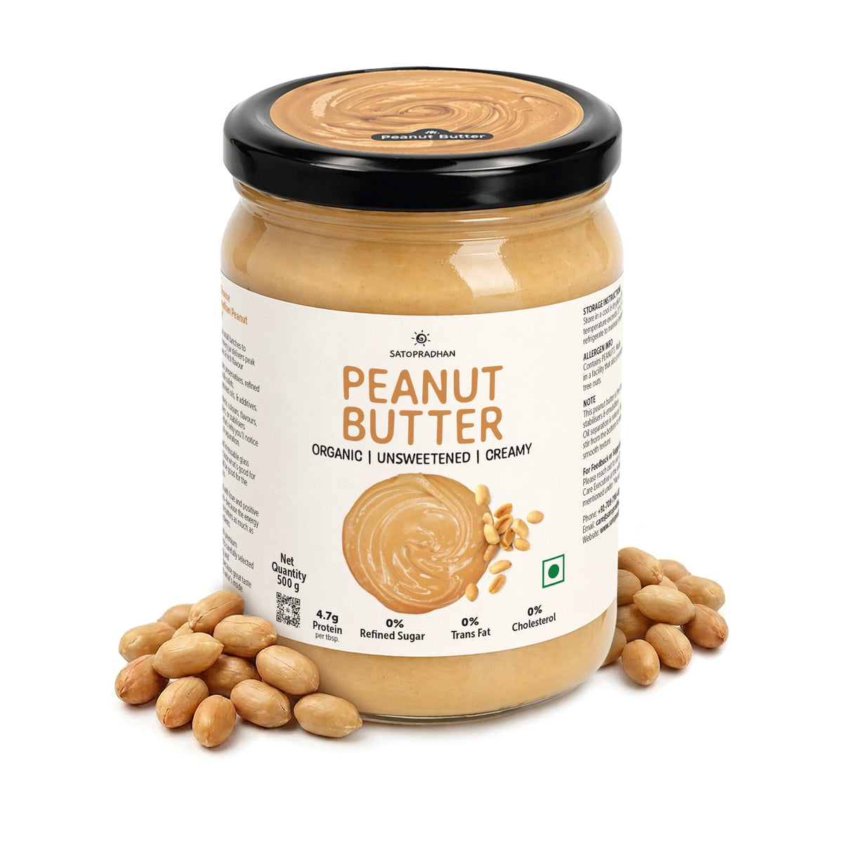 Sugar Free Plain Peanut Butter 500g – Creamy - Unsweetened - 100% Peanuts - Satopradhan