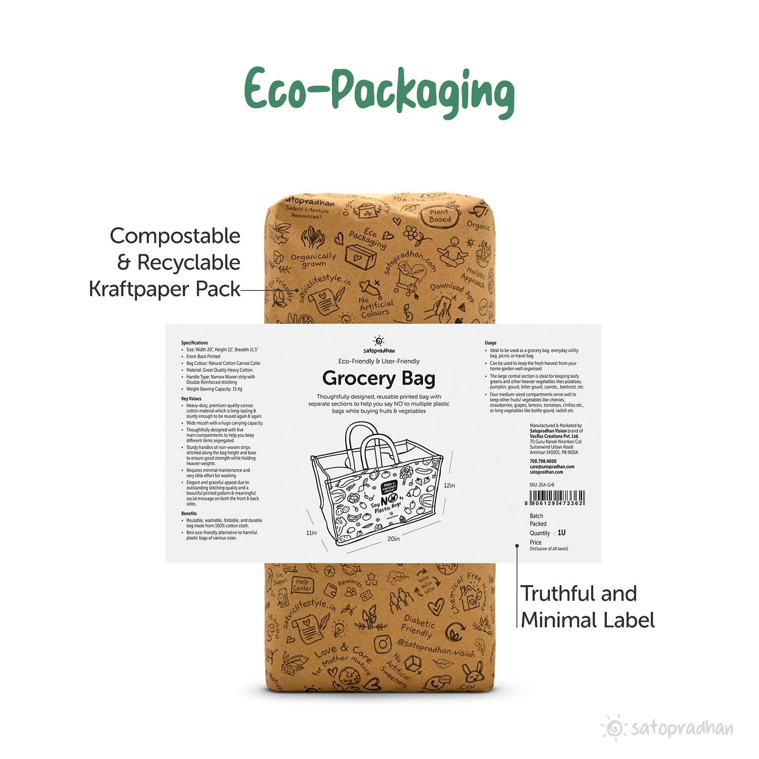Grocery Bag made with Heavy Duty Canvas Cloth - Thoughtfully designed, reusable shopping bag with two printed sides - Satopradhan