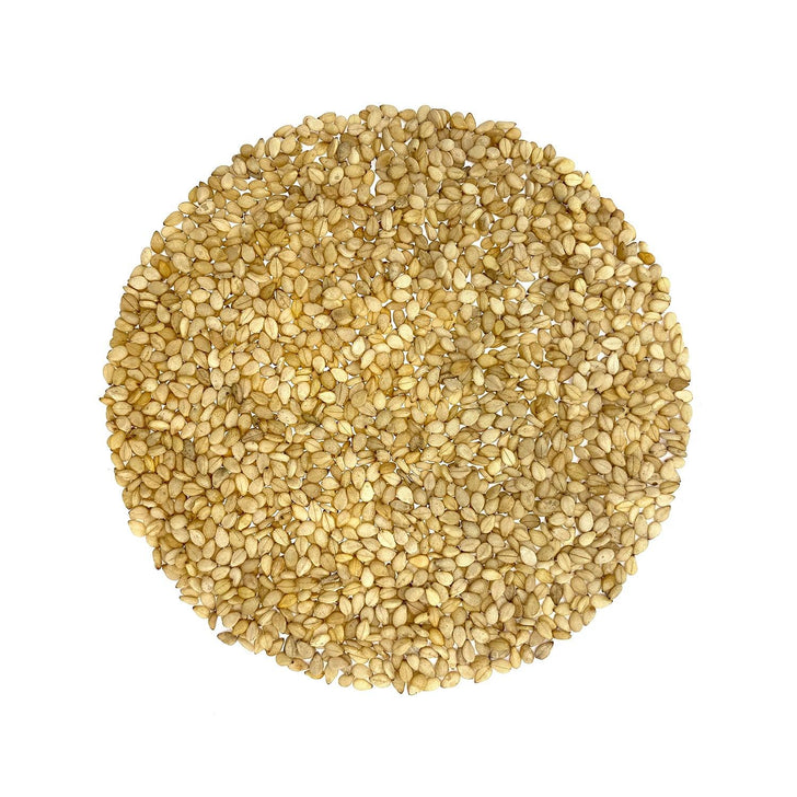 unpolished, natural sesame seeds set in circular shape. the seeds are organic in natural without chemical or any other preservatives or artificial colours