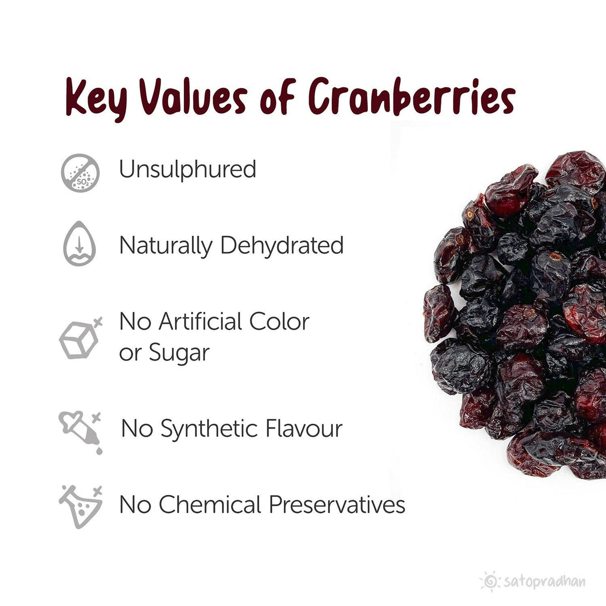 Unsweetened Cranberries Whole Dried - Organically Cultivated & Naturally Dehydrated in 200g pack - Unsulphured without Synthetic Flavours/Colors or Chemical Preservatives - Satopradhan