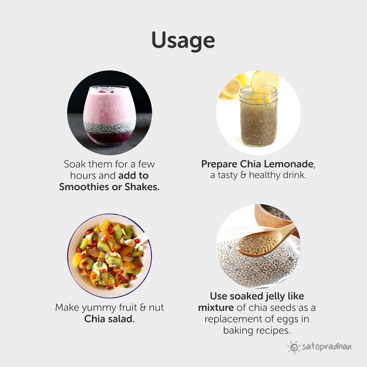 add to shakes and smoothies, prepare chia lemonade, chia salad, use soaked jelly like mixture